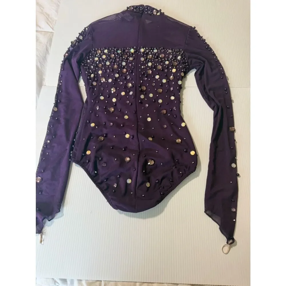 Glamour dance costume purple mesh sequin gem long sleeve leotard XSA adult